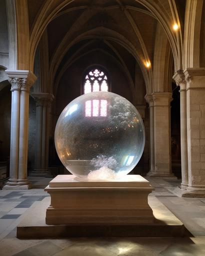 an 🥚- floating soap bubble sculpture displaying otherworldly elements within a medieval dimension with the vision of denis villneuve --chaos 9 --s 666 --ar 4:5 --q 2 --v 5