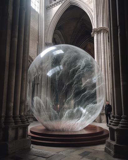 an 🥚- floating soap bubble sculpture displaying surreal elements within a medieval dimension with the vision of denis villneuve --chaos 9 --s 666 --ar 4:5 --q 2 --v 5