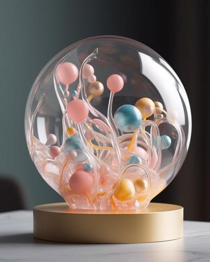 an 🥚- floating soap bubble sculpture displaying surreal elements within a danish pastel dimension with the vision of denis villneuve --chaos 9 --s 666 --ar 4:5 --q 2 --v 5
