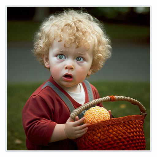 an 18 months old caucasian boy with dark-blond shortcurly hair, holding an orange basket ball at the park