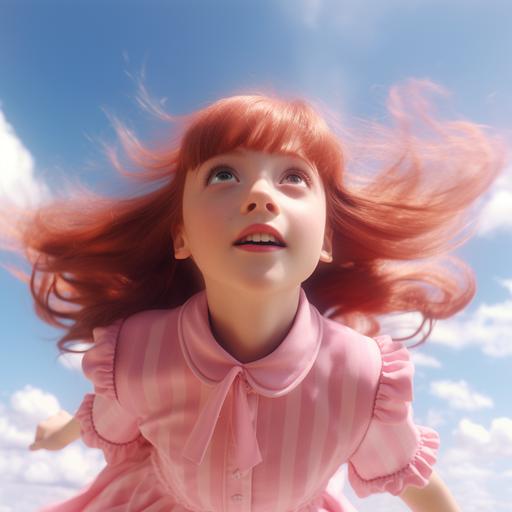 an 8 year old ginger girl in a pink dress flying in the sky. she has bangs/fringe and a red hair bow. realistic 4k hd