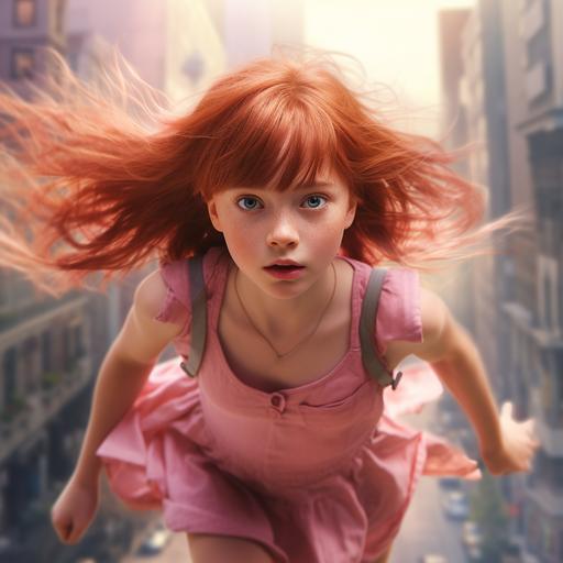 an 8 year old ginger girl in a pink sleeveless dress flying through the city. she has bangs/fringe and a red hair bow. realistic 4k hd