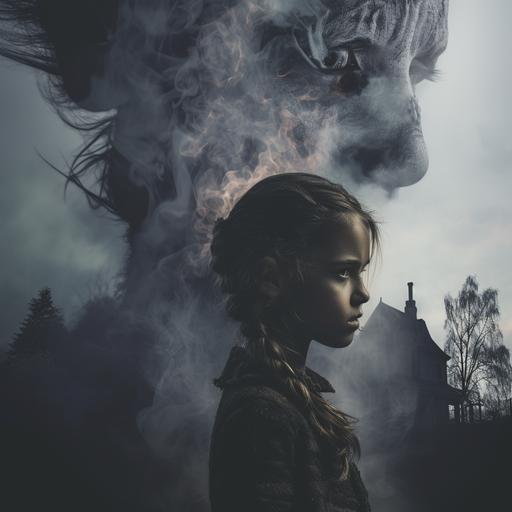 an A24 horror movie atmosphere movie poster. in the center, we see a young girl's soul being pulled away by huge entities without defined shapes. The setting is in the school garden. ultra realistic, HD. The color is cold tone like Scandinavian country films. --v 6.0