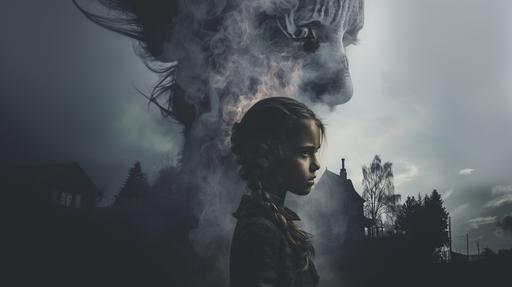 an A24 horror movie atmosphere movie poster. in the center, we see a young girl's soul being pulled away by huge entities without defined shapes. The setting is in the school garden. ultra realistic, HD. The color is cold tone like Scandinavian country films. --v 6.0 --ar 16:9