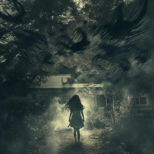an A24 horror movie atmosphere movie poster. in the center, we see a young girl's soul being pulled away by huge entities that don't have defined shapes. The setting is in the school garden. ultra realistic, HD. --v 6.0