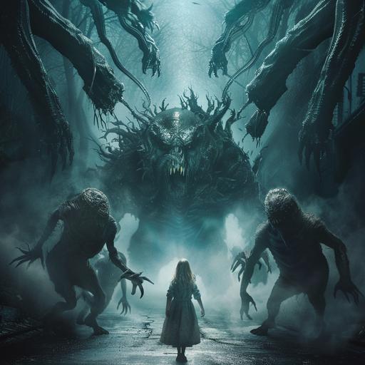 an A24 horror movie atmosphere movie poster. in the center we see a young girl's soul being pulled away by huge entities