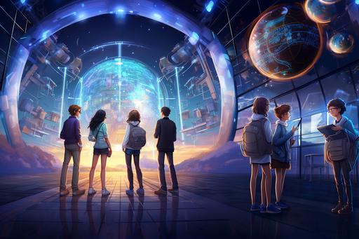 an AI education academy with futuristic vibe with four teens in it