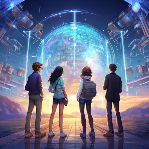 an AI education academy with futuristic vibe with four teens in it