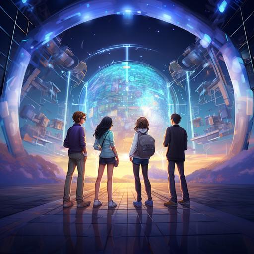 an AI education academy with futuristic vibe with four teens in it