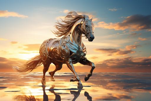 an AI horse at full speed, sundawn, photorealistic --ar 3:2