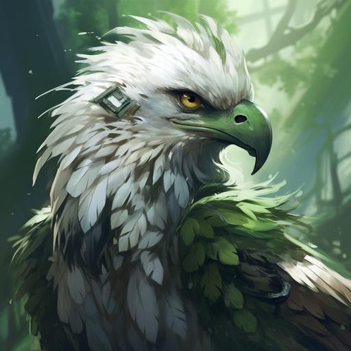 an Anime Hawk tainted with an white to green feathers gradiant