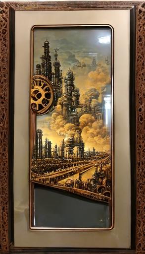 an Art Deco Steampunk picture frame with an infinite recursive image of an 