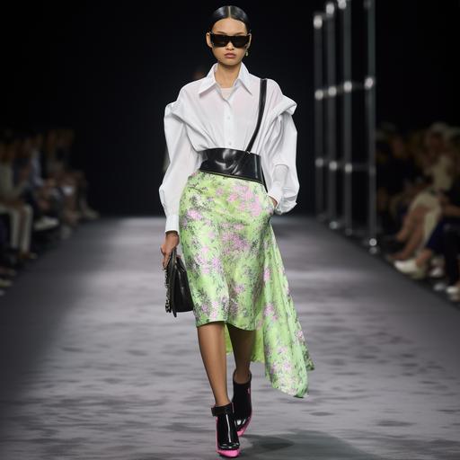 an Asian female model with a high ponytail while wearing a long white shirt, a green and pastel pink floral patterned denim longuette skirt, lime green heels and white terry socks, large black sunglasses, yves Saint Laurent fashion show, full body model, 8k, captured by canon R8 400mm F5.4 HD result
