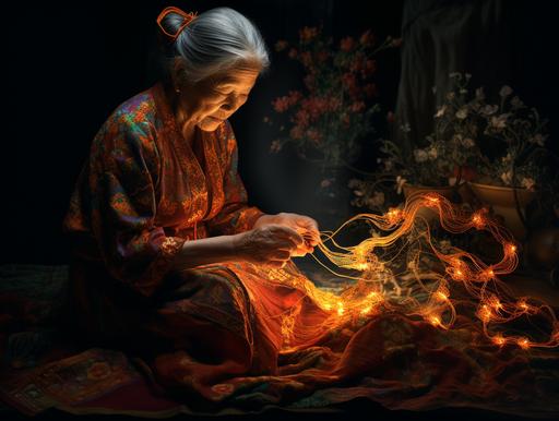 an Asian grandma sitting on the floor. Embroiderying dress. At night. Paramount lighting. --ar 24:18