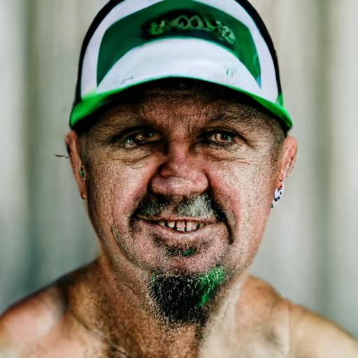 an Australian bogan shallow depth of field portrait photograph green and white singlet trucker cap missing teeth bad facial hair