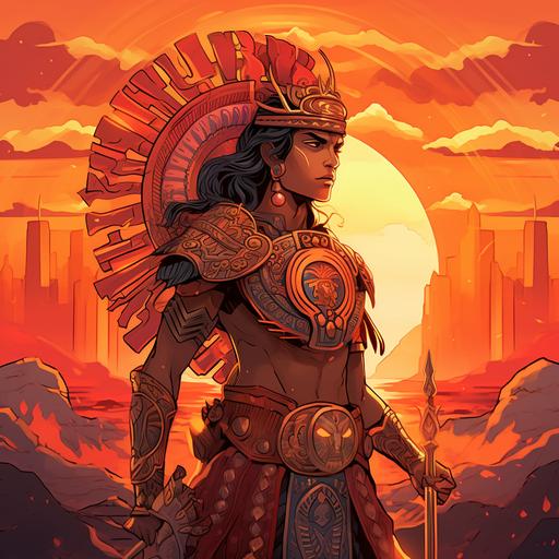 an Aztec prince. The art style is anime. He is holding a beautiful and ornate shield and he is in battle. The sun is setting and the sky’s color is a beautiful mix of oranges and reds with slight hints of purple.