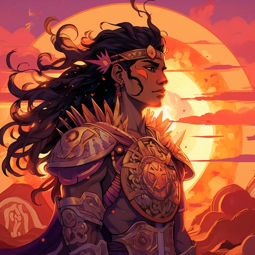 an Aztec prince. The art style is anime. He is holding a beautiful and ornate shield and he is in battle. The sun is setting and the sky’s color is a beautiful mix of oranges and reds with slight hints of purple.