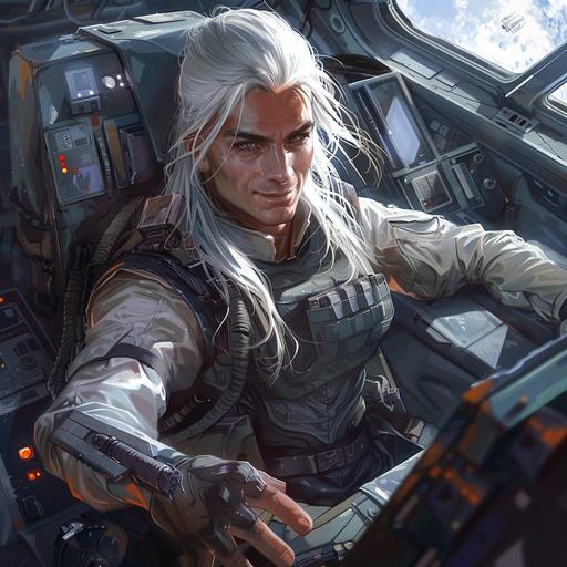 an Echani male smuggler, pretty face, long white hair in a ponytail, bright silver eyes, silver eyebbrows, wearing a scruffed combat suit, shy smile as he is looking up towards the viewer, sitting at the controls of a spaceship, two vibrosword stowed on his back, sci-fi, star wars, character art, photorealistic, high definition, cool colour scheme, space opera
