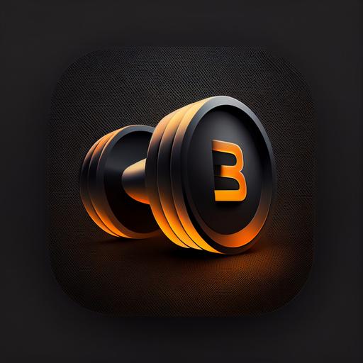 an IOS fitness and gym app icon, black background with orange details, two dumbbells shaped as the letter B, ultra-realistic, high-quality, beautiful, design, ui/ux, squircle --v 4