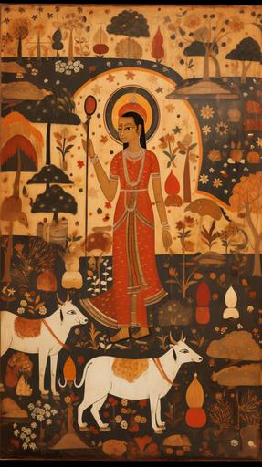 an Indian pichwai painting with lot of details in earthy color tones --ar 9:16