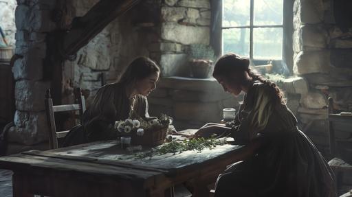 an Irish famine era kitchen, stone cottage, small windows, two women, one middle aged and one young, sat at the wooden table, both dressed in Victorian peasant clothing, looking at embroidery of flowers, daylight backlit, volumetric light, hazy room, cinematic, realistic, --ar 16:9 --v 6.0