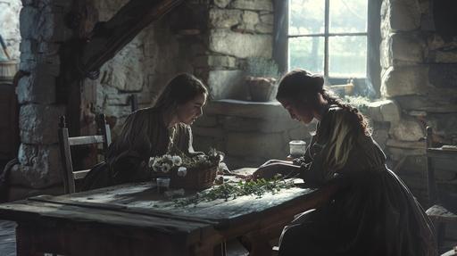 an Irish famine era kitchen, stone cottage, small windows, two women, one middle aged and one young, sat at the wooden table, both dressed in Victorian peasant clothing, looking at embroidery of flowers, daylight backlit, volumetric light, hazy room, cinematic, realistic, --ar 16:9