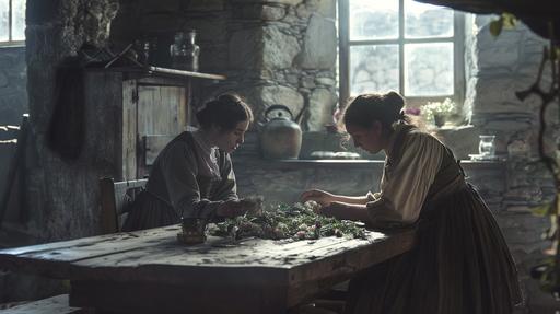 an Irish famine era kitchen, stone cottage, small windows, two women, one middle aged and one young, sat at the wooden table, both dressed in Victorian peasant clothing, looking at embroidery of flowers, daylight backlit, volumetric light, hazy room, cinematic, realistic, --ar 16:9