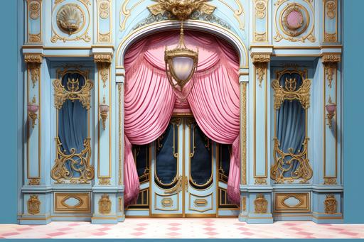 an Off-Broadway theater with doors and a pink curtain and curtain, in the style of architectural drawing, detailed and ornate designs, provia, bold structural designs, light azure and bronze, marble, ps1 graphics --ar 3:2