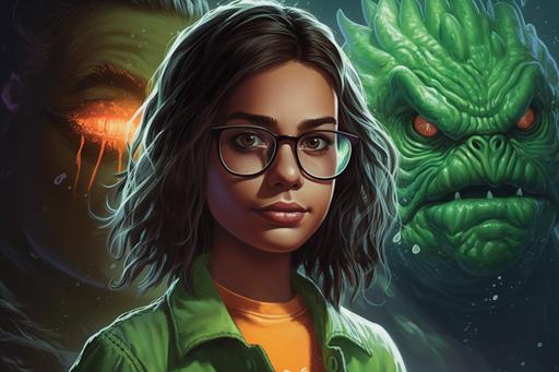 an R.L. Stein styled goosebumps cover with a Latina teen girl wearing glasses with a creature from the black lagoon in the background. --aspect 3:2 --v 5