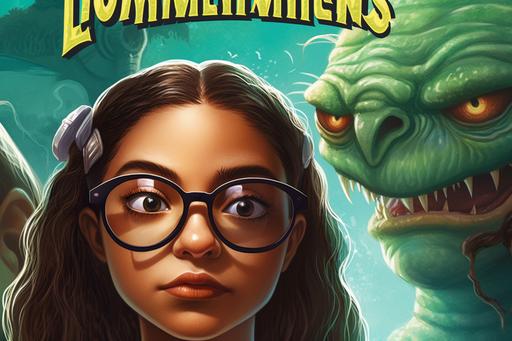 an R.L. Stein styled goosebumps cover with a Latina teen girl wearing glasses with a creature from the black lagoon in the background. --aspect 3:2 --v 5
