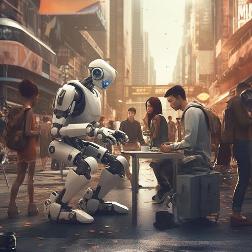 an a4 size poster where humans, robots and humanoids are working together in a city. Unreal engine, Hyper realistic. This image should show harmony of each other in technology.