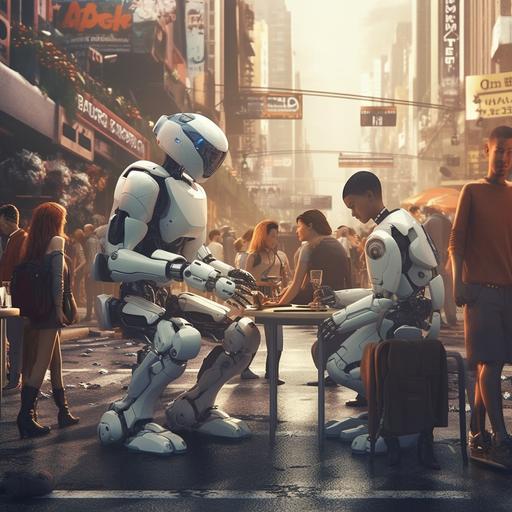 an a4 size poster where humans, robots and humanoids are working together in a city. Unreal engine, Hyper realistic. This image should show harmony of each other in technology.