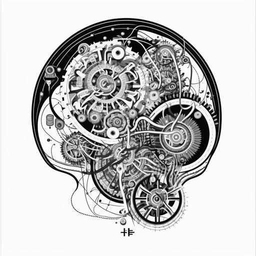 , , , , an abstact doodle coloring book style of a minimalistic harmonious drawing of a black and white antikythera mechanism analog compute merging with a brain patent sketch, one vectorized line style::5 2D, in profile, artistic view, stylized, simple, no details