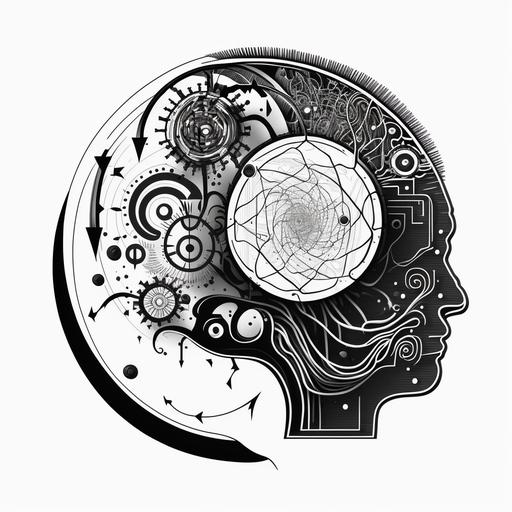 an abstact doodle coloring book style of a minimalistic harmonious drawing of a black and white antikythera mechanism analog compute merging with a brain patent sketch, one vectorized line style::5 2D, in profile, artistic view, stylized, simple, no details