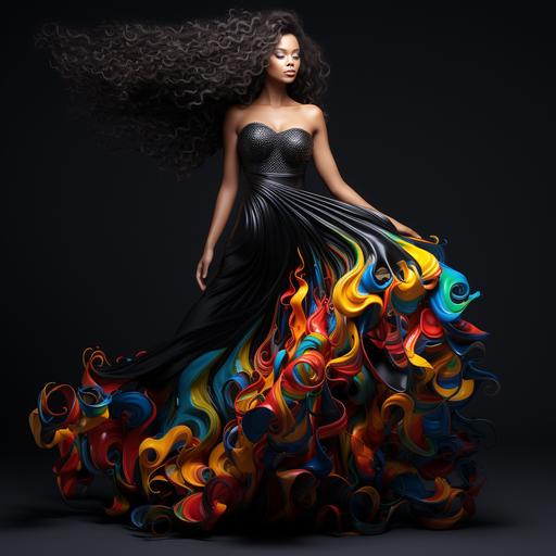 an abstract beautiful African-American woman extra long curly colorful hair free flowing, wearing long black dress with 3D diamonds and water flowing from it, colorful high heeled shoes, 3D canvas vivid vibrant colors intricate details ultra realistic 3D HD 8k