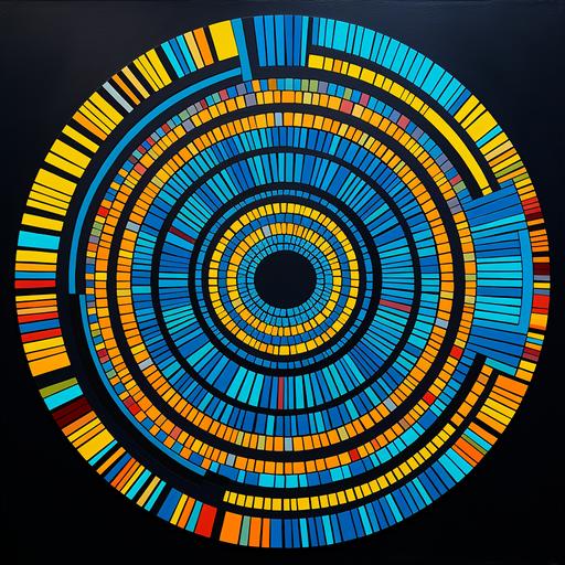 an abstract circle with a very colorful interior, in the style of dark yellow and dark cyan, rhythmic linear patterns, jeppe hein, striped arrangements, psychedelic artwork, don blanding, psychedelic surrealism: