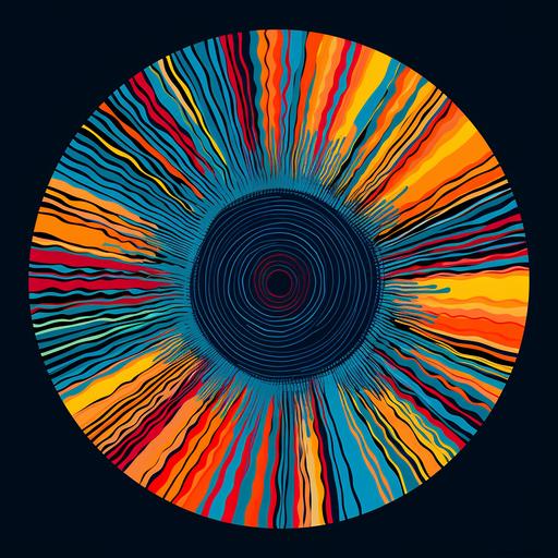 an abstract circle with a very colorful interior, in the style of dark yellow and dark cyan, rhythmic linear patterns, jeppe hein, striped arrangements, psychedelic artwork, don blanding, psychedelic surrealism: