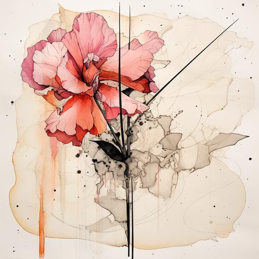 an abstract drawing of an pink carnation , pen and ink drawing, on stained parchment paper, muted splashed watercolors and lots of lines, random shapes, geometry, rustic, harmony