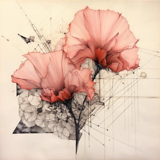 an abstract drawing of an pink carnation , pen and ink drawing, on stained parchment paper, muted splashed watercolors and lots of lines, random shapes, geometry, rustic, harmony