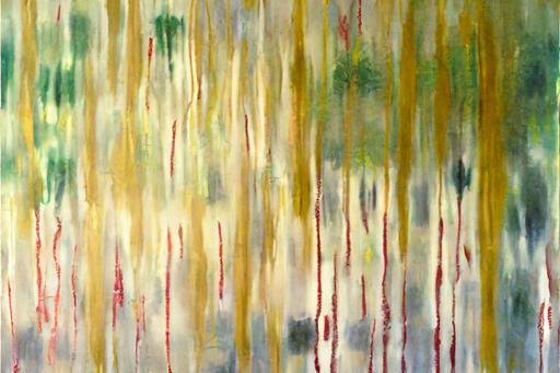 an abstract expressionism painting of a forest filled with lots of trees, inspired by Ross Bleckner, golden and copper shining armor, birch, masterpiece --no frame --no border --ar 3:2 --v 4