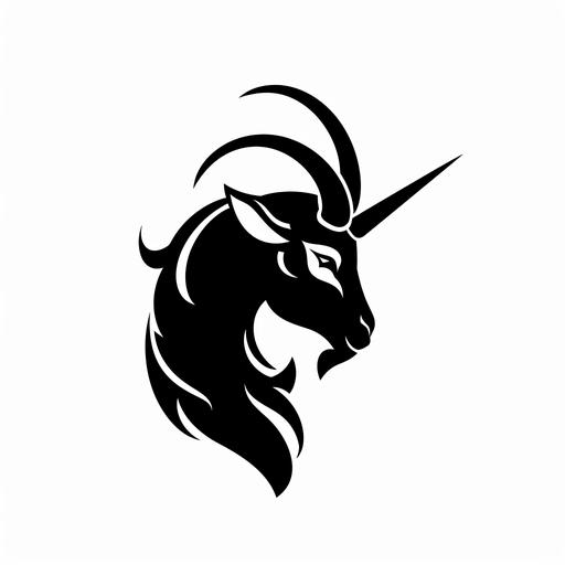 an abstract goat, capricorn logo, with unicorn horn, black, white background, negative space --v 6.0
