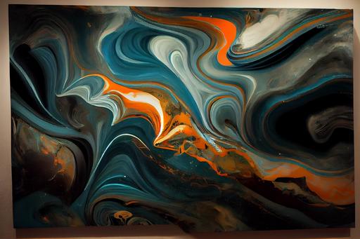 an abstract marble art painting of a sky with clouds, featured on deviantart, space art, organic swirling igneous rock, teal and orange color scheme, in a liminal space, dark green water, dust and scratches, in this painting, liquid sculpture, outside in space, green and brown color palette --ar 16:9 --test --creative