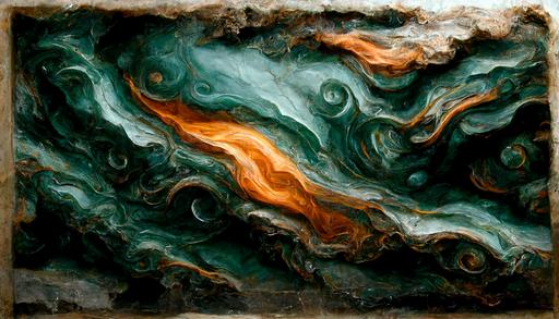 an abstract marble art painting of a sky with clouds, featured on deviantart, space art, organic swirling igneous rock, teal and orange color scheme, in a liminal space, dark green water, dust and scratches, in this painting, liquid sculpture, outside in space, green and brown color palette --ar 16:9