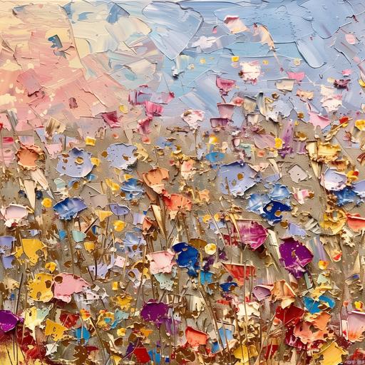 an abstract of a field of flowers, textured splashes, light purple and sky-blue, rusty debris, art of the congo, horizons, cherry blossoms