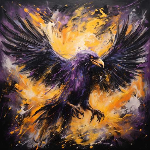 an abstract oil painting of the Baltimore Ravens football team logo, Jackson Pollock style, dark purple, white, black colors, yellow accents, epic, legendary, majestic, studio lighting, extremely detailed, photorealistic, --v 5.2