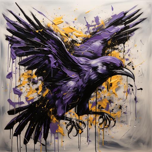 an abstract oil painting of the Baltimore Ravens football team logo, Jackson Pollock style, dark purple, white, black colors, yellow accents, epic, legendary, majestic, studio lighting, extremely detailed, photorealistic, --v 5.2