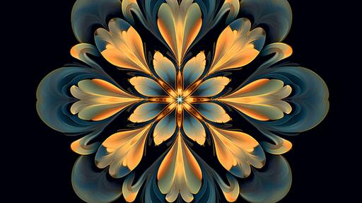an abstract orange and blue flower with a circular center, in the style of digital manipulation, fractal patterns, dark yellow and dark aquamarine, bentwood, reflex reflections, symmetrical arrangement, focus stacking --c 8 --ar 16:9 --q 2 --v 5.1