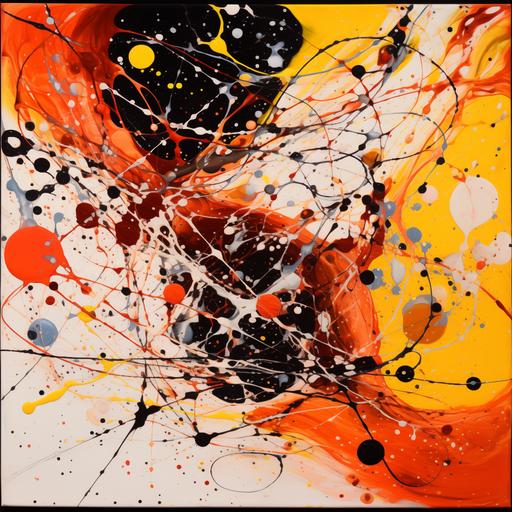 an abstract painting with white, yellow, and red paint, in the style of jackson pollock, meticulous lines, dark orange and light black, precision painting, hard-edge painting, mottled, intense color-field painting