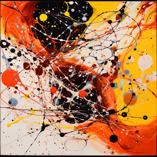 an abstract painting with white, yellow, and red paint, in the style of jackson pollock, meticulous lines, dark orange and light black, precision painting, hard-edge painting, mottled, intense color-field painting