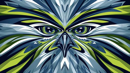 an abstract symmetrical representation of a tribal Seattle Seahawk logo, colors action green   wolf grey   college blue   white, --ar 16:9 --v 6.0 --s 250 --style raw --no wolf